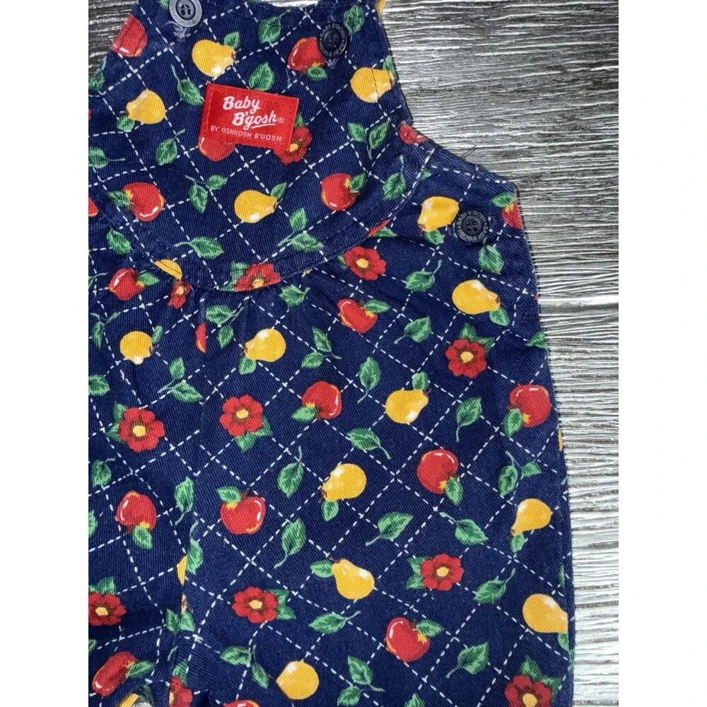Vintage OshKosh Baby B’Gosh Vestbak Overalls 3-6M Fruit Apple Pear Floral USA 90
